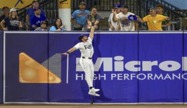 Tampa Bay Rays outfielder Josh Lowe jumps for a hit by Toronto Blue Jays' Nathan Lukes that was eventually ruled a home run after review during the fourth inning of a baseball game Tuesday, Sept. 16, 2025, in Tampa, Fla. (AP Photo/Mike Carlson)