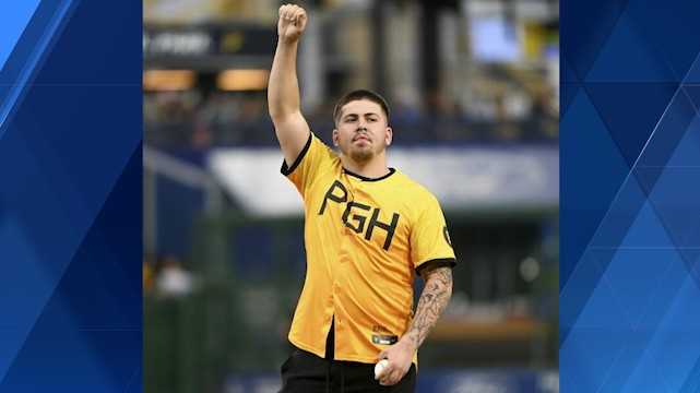Kavan Markwood throws first pitch at Pirates game Saturday