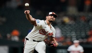 Baltimore Orioles starting pitcher Dean Kremer delivers during the first inning of a baseball game against the Tampa Bay Rays, Tuesday, Sept. 23, 2025, in Baltimore. (AP Photo/Stephanie Scarbrough)