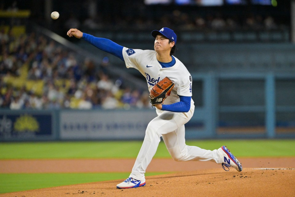 Los Angeles Dodgers pitcher Shohei Ohtani pitches the ball.