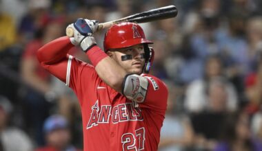 Los Angeles Angels designated hitter Mike Trout waits for a pitch in the fourth inning against the Colorado Rockies on Saturday, Sept. 20, 2025, in Denver. (AP Photo/RJ Sangosti)