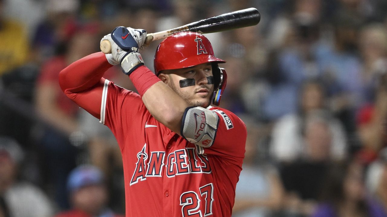 Los Angeles Angels designated hitter Mike Trout waits for a pitch in the fourth inning against the Colorado Rockies on Saturday, Sept. 20, 2025, in Denver. (AP Photo/RJ Sangosti)
