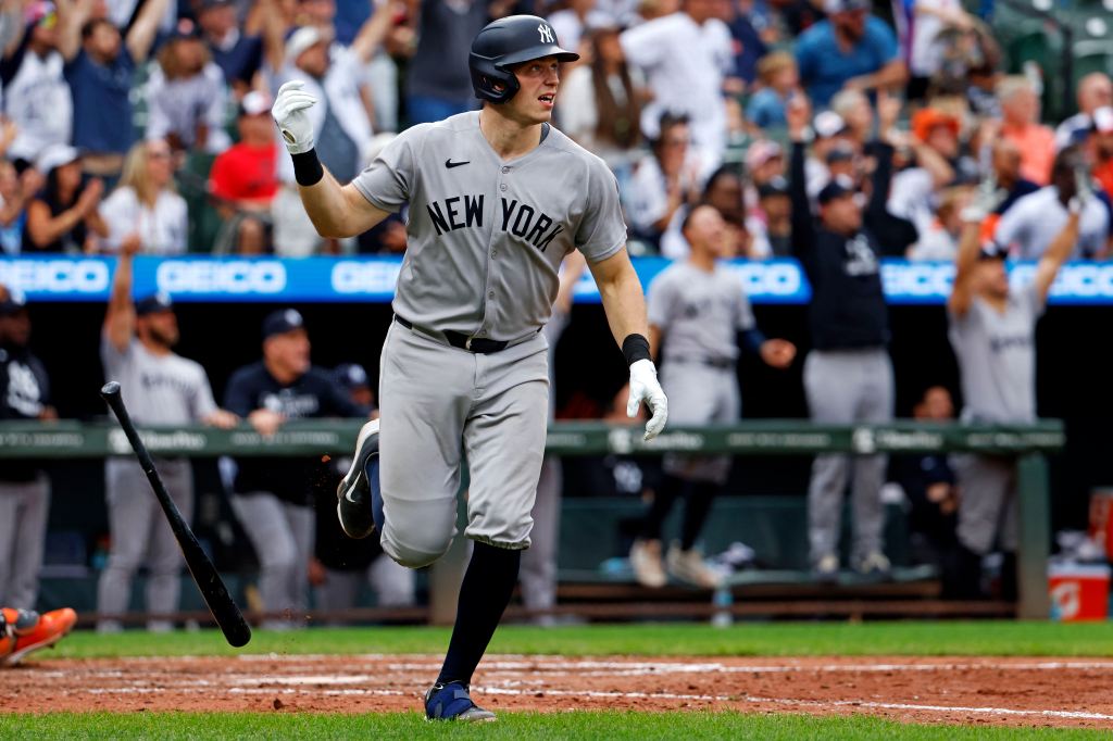 New York Yankees' Ben Rice watches his grand slam in Baltimore.