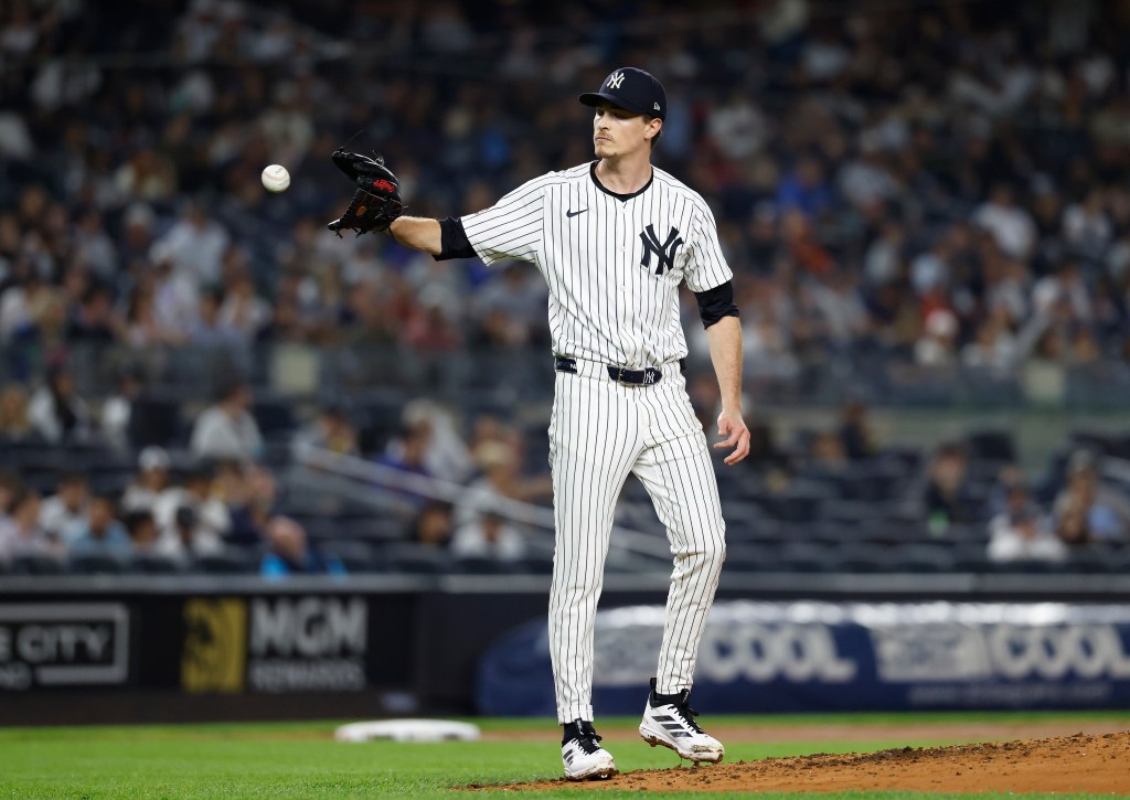 New York Yankees pitcher Max Fried reacts on the mound.