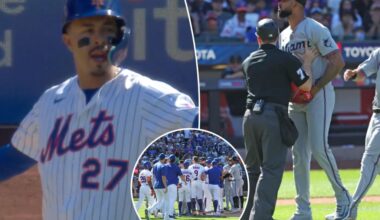 Benches clear in Mets-Marlins game after Mark Vientos gets hit by pitch