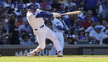 Chicago Cubs' Nico Hoerner hits a two-run double against the Tampa Bay Rays during the seventh inning of a baseball game Sunday, Sept. 14, 2025, in Chicago. (AP Photo/David Banks)