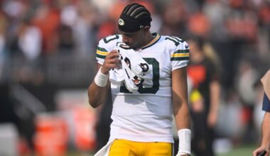 Green Bay Packers' Jordan Love walks off the field after an NFL football game against the Cleveland Browns Sunday, Sept. 21, 2025, in Cleveland.