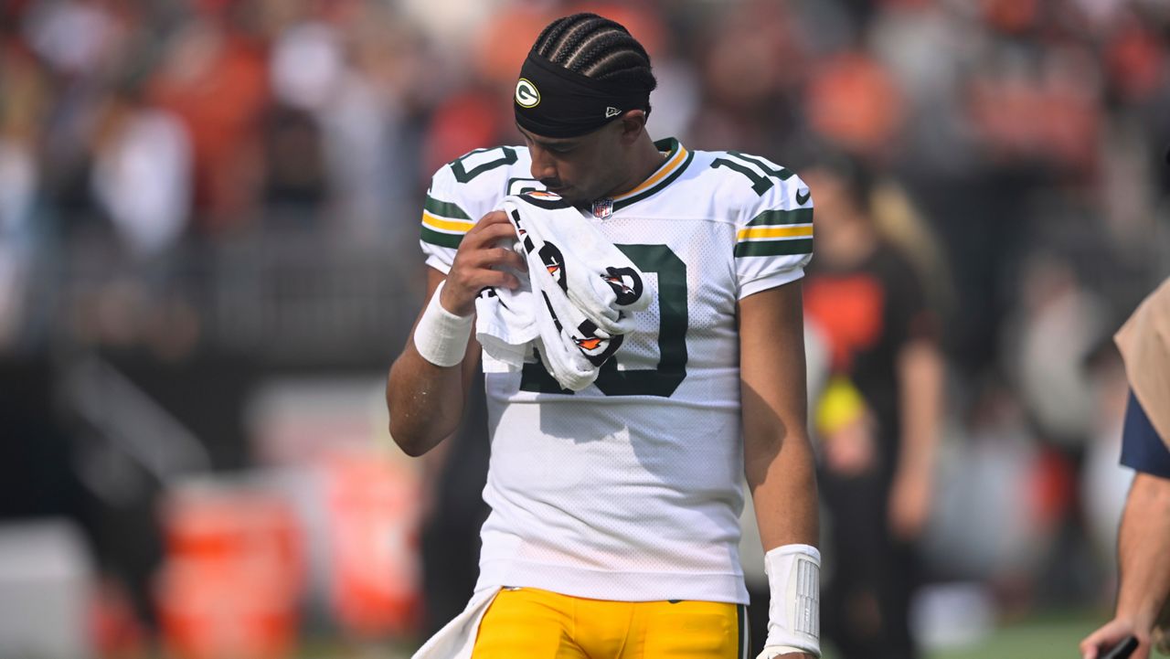 Green Bay Packers' Jordan Love walks off the field after an NFL football game against the Cleveland Browns Sunday, Sept. 21, 2025, in Cleveland.