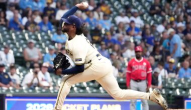 Milwaukee Brewers' Freddy Peralta throws during the first inning of a baseball game against the Los Angeles Angels Tuesday, Sept. 16, 2025, in Milwaukee.