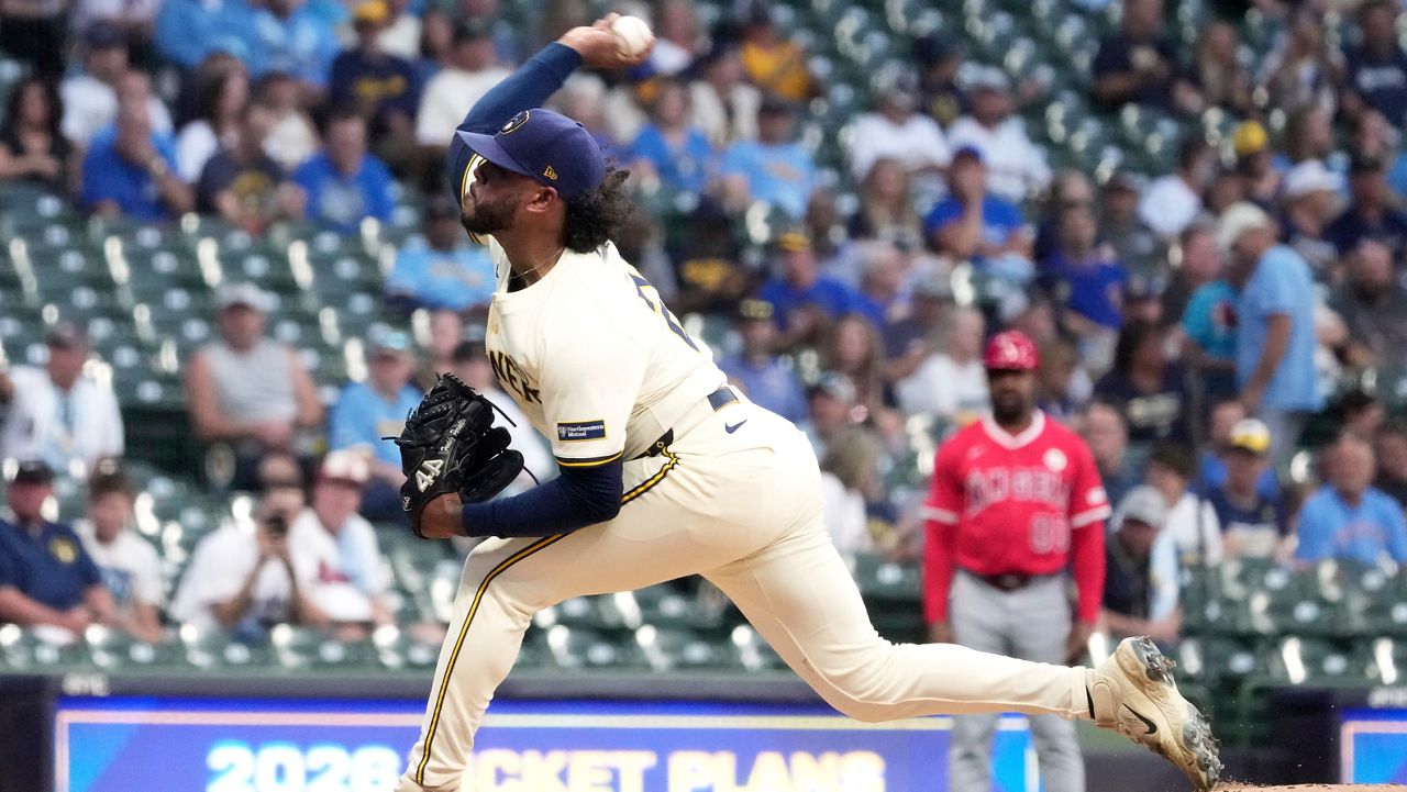 Milwaukee Brewers' Freddy Peralta throws during the first inning of a baseball game against the Los Angeles Angels Tuesday, Sept. 16, 2025, in Milwaukee.
