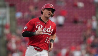Cincinnati Reds' Austin Hays rounds third base after hitting a three-run home run in the second inning of a baseball game against the Toronto Blue Jays, Tuesday, Sept. 2, 2025, in Cincinnati. (AP Photo/Kareem Elgazzar)