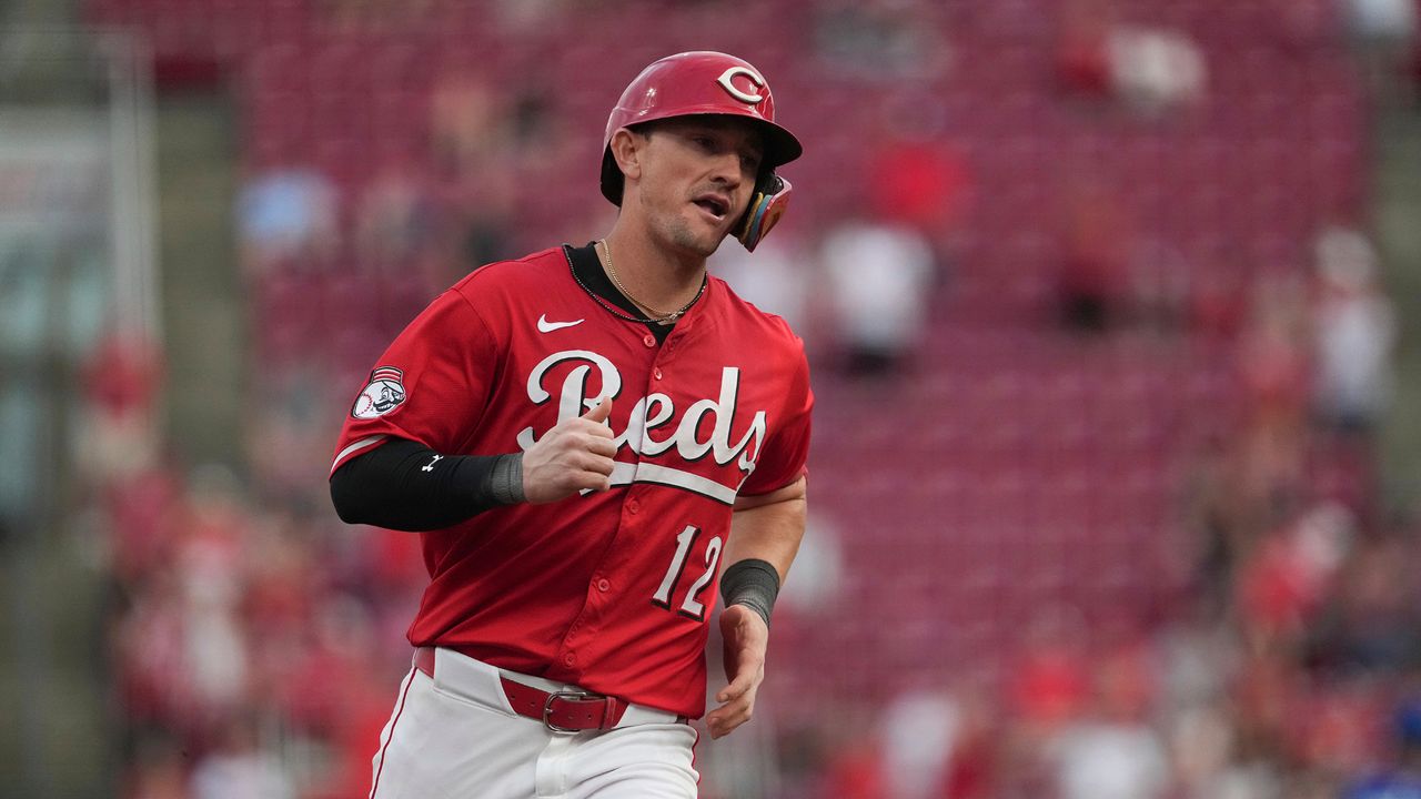 Cincinnati Reds' Austin Hays rounds third base after hitting a three-run home run in the second inning of a baseball game against the Toronto Blue Jays, Tuesday, Sept. 2, 2025, in Cincinnati. (AP Photo/Kareem Elgazzar)