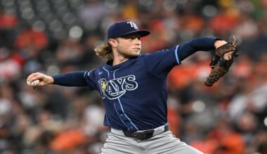 Tampa Bay Rays pitcher Shane Baz throws against the Baltimore Orioles in the first inning of a baseball game, Wednesday, Sept. 24, 2025, in Baltimore. (AP Photo/Gail Burton)