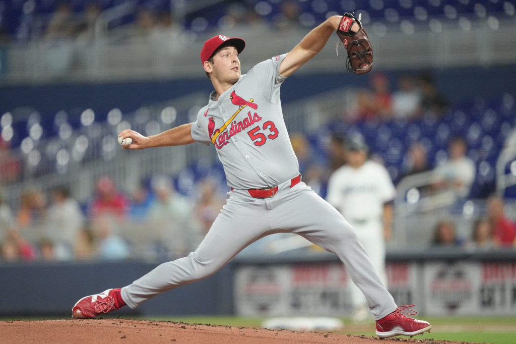 Andre Pallante, St. Louis Cardinals pitcher, throwing a pitch.