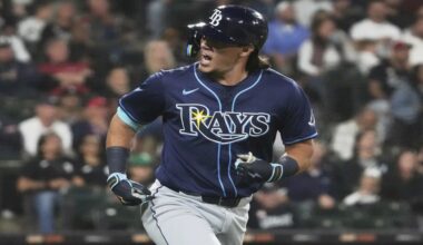 Tampa Bay Rays' Tristan Gray reacts as he rounds the bases after hitting a solo home run during the seventh inning of a baseball game against the Chicago White Sox in Chicago, Tuesday, Sept. 9, 2025. (AP Photo/Nam Y. Huh)