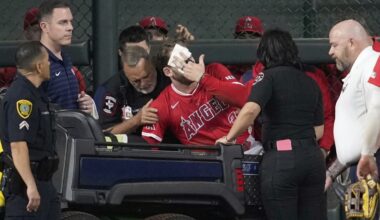 Angels OF Taylor Ward carted off field after crashing into metal scoreboard