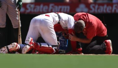 Logan O'Hoppe takes backswing to chin in Angels' win over A's