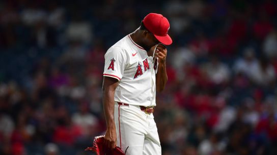 Los Angeles Angels pitcher Jos Soriano (59) walks to the dugout after being relieved during the third inning against the Athletics at Angel Stadium. Los Angeles Angels pitcher Jos Soriano (59) walks to the dugout after being relieved during the third inning against the Athletics at Angel Stadium.