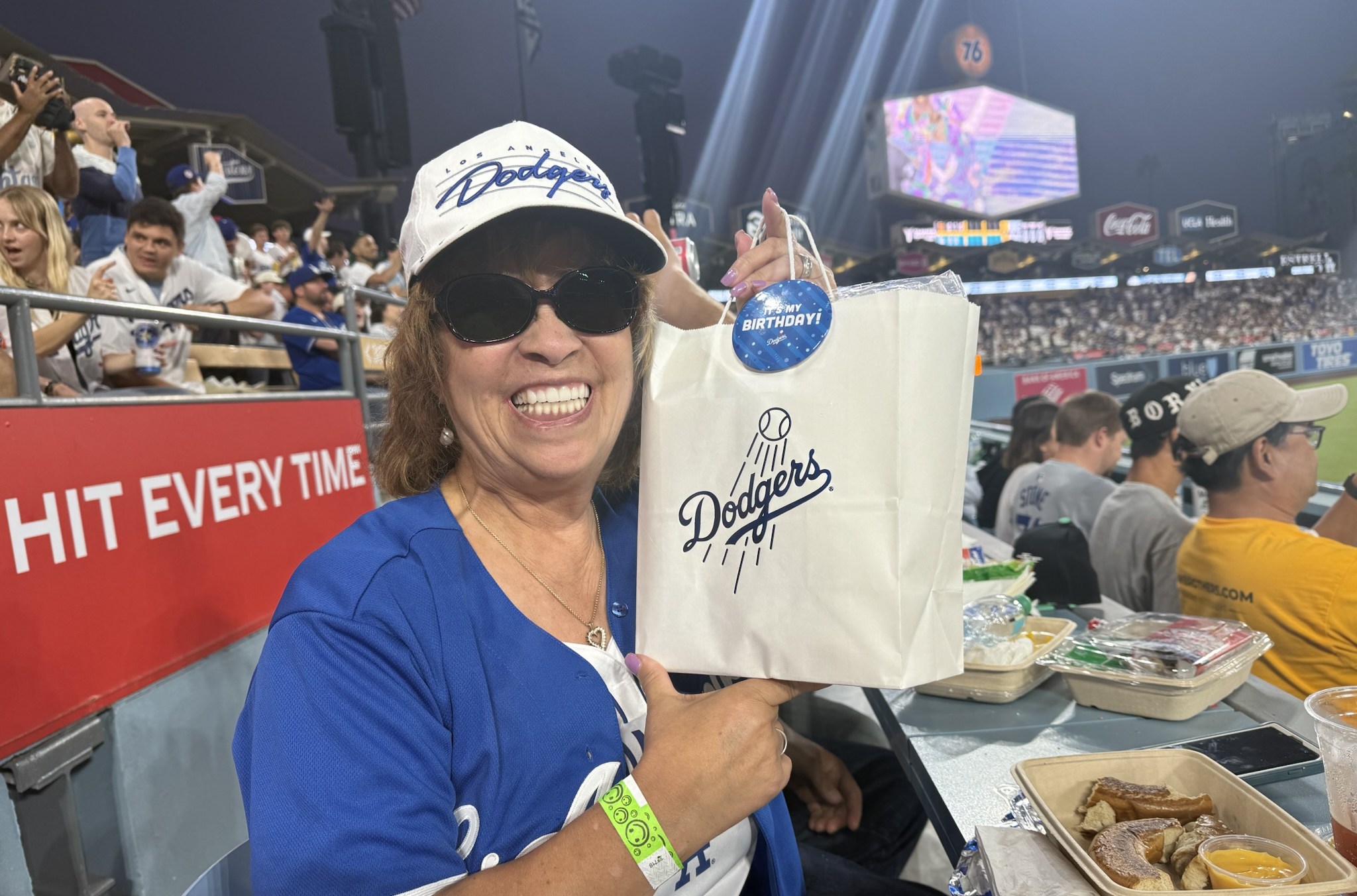 Eli’s Mom and her goody bag. Dodger Stadium. August 15, 2025.