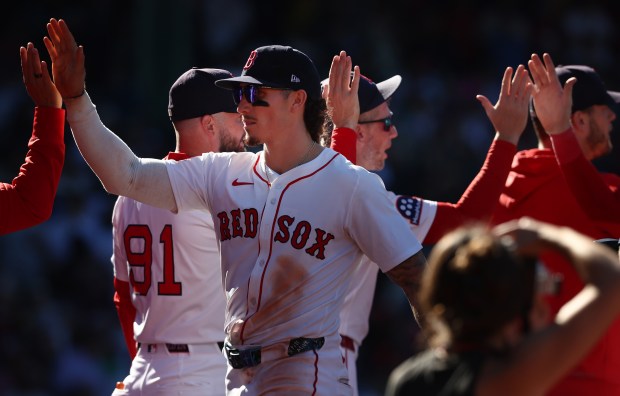 Boston, MA - Boston Red Sox's Jarren Duran celebrates the win at Fenway Park. (Nancy Lane/Boston Herald)