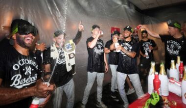 The New York Yankees celebrate after they clinched playoff berth a baseball game against the Chicago White Sox Tuesday, Sept. 23, 2025, in New York. (AP Photo/Frank Franklin II)