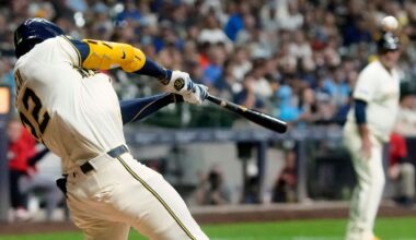 Milwaukee Brewers' Christian Yelich hits an RBI double during the seventh inning of a baseball game against the Los Angeles Angels Thursday, Sept. 18, 2025, in Milwaukee.