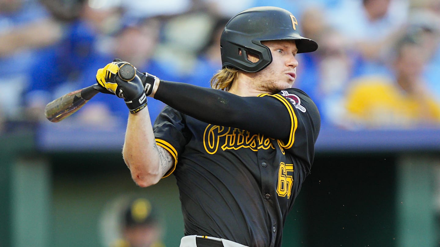 Jul 8, 2025; Kansas City, Missouri, USA; Pittsburgh Pirates right fielder Jack Suwinski (65) bats during the fifth inning against the Kansas City Royals at Kauffman Stadium. Mandatory Credit: Jay Biggerstaff-Imagn Images