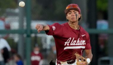 Alabama shortstop Justin Lebron (1) fields and throws to first for an out against Mississippi State at Sewell-Thomas Stadium in Tuscaloosa Friday, April 11, 2025.