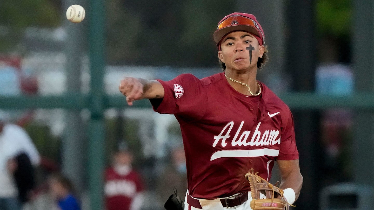 Alabama shortstop Justin Lebron (1) fields and throws to first for an out against Mississippi State at Sewell-Thomas Stadium in Tuscaloosa Friday, April 11, 2025.