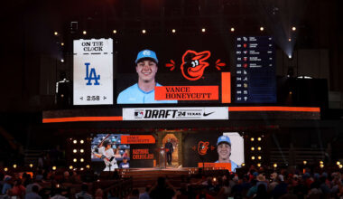 Jul 14, 2024; Ft. Worth, TX, USA; Vance Honeycutt is drafted by the Baltimore Orioles  with the 22nd pick during the first round of the MLB Draft at Cowtown Coliseum. Mandatory Credit: Kevin Jairaj-Imagn Images