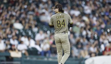 Sep 19, 2025; Chicago, Illinois, USA; San Diego Padres starting pitcher Dylan Cease (84) reacts during the fourth inning of a baseball game against the Chicago White Sox at Rate Field. Mandatory Credit: Kamil Krzaczynski-Imagn Images