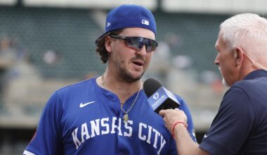 Aug 24, 2025; Detroit, Michigan, USA; Kansas City Royals first baseman Vinnie Pasquantino (9) is interviewed at the end of the game against the Detroit Tigers at Comerica Park. Mandatory Credit: Brian Bradshaw Sevald-Imagn Images