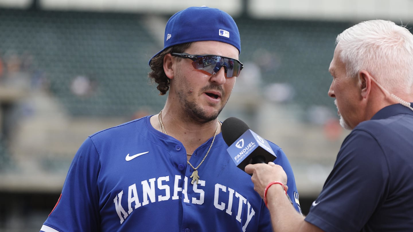 Aug 24, 2025; Detroit, Michigan, USA; Kansas City Royals first baseman Vinnie Pasquantino (9) is interviewed at the end of the game against the Detroit Tigers at Comerica Park. Mandatory Credit: Brian Bradshaw Sevald-Imagn Images