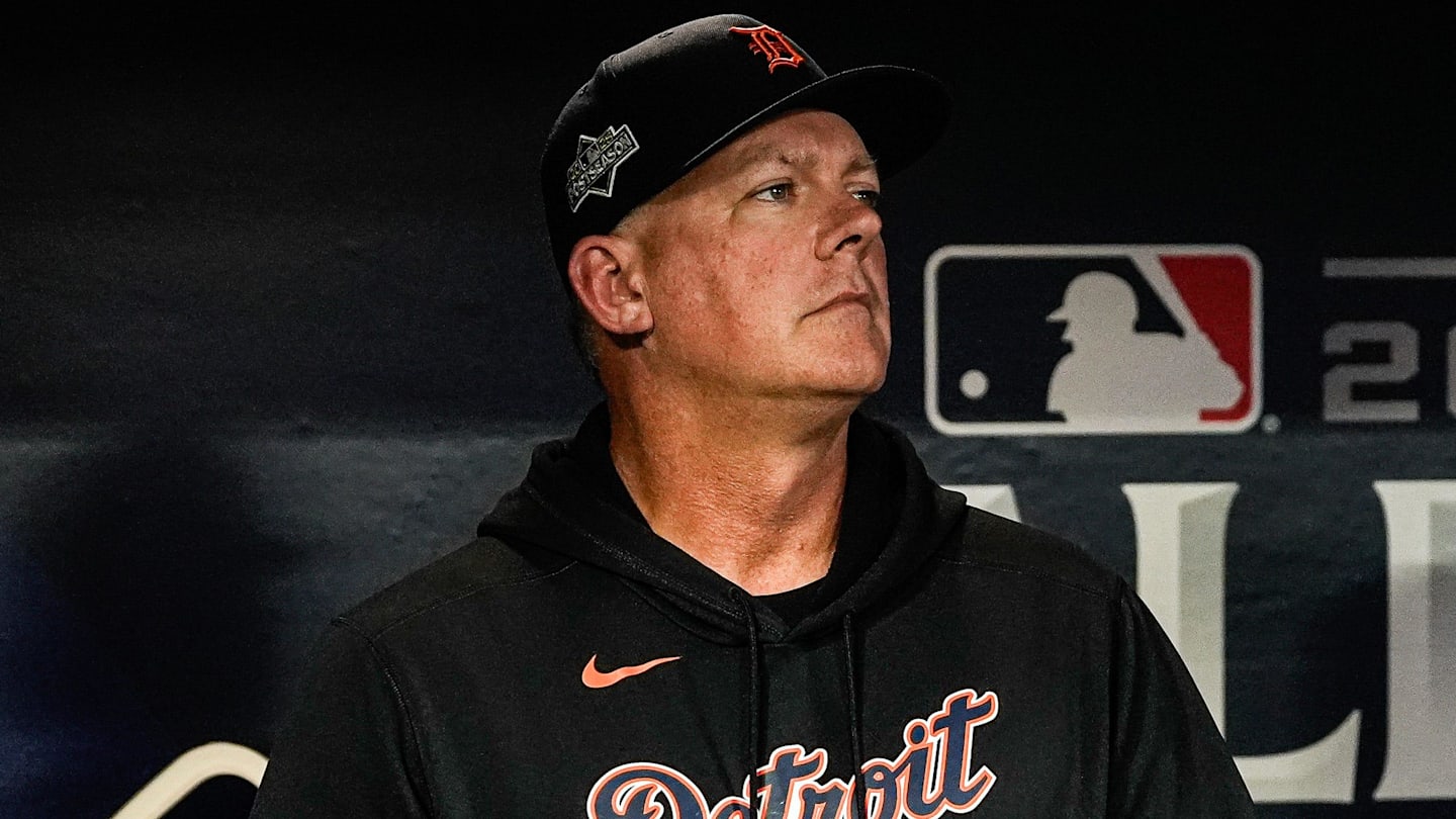 Detroit Tigers manager A.J. Hinch, left, and major league coach Gary Jones watch Seattle Mariners pregame ceremony from the dugout during ALDS Game 5 at T-Mobile Park in Seattle on Friday, Oct. 10, 2025.