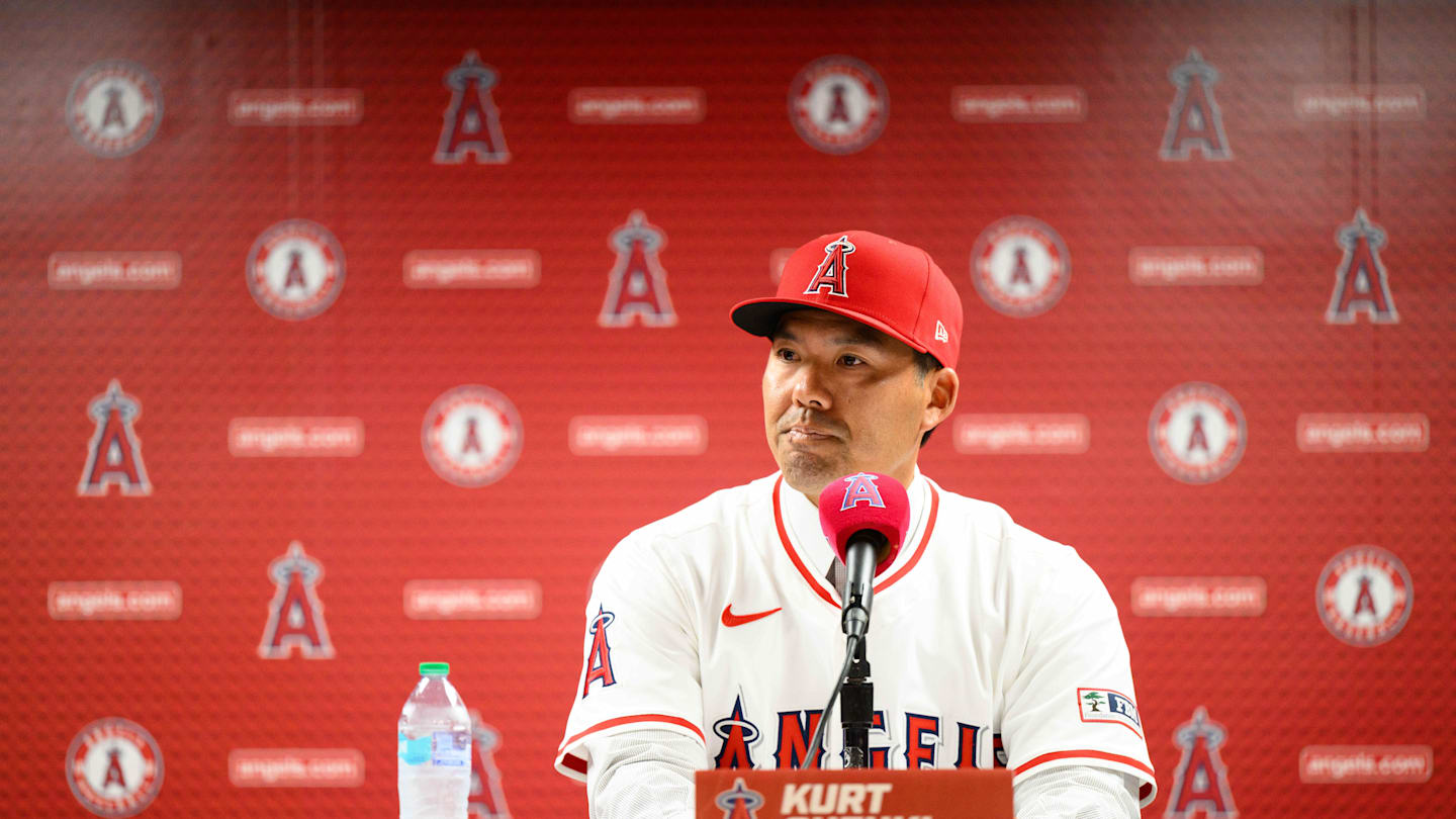 Oct 22, 2025; Los Angeles, CA, USA; Los Angeles Angels manager Kurt Suzuki speaks during a press conference at Angel Stadium. Mandatory Credit: William Liang-Imagn Images