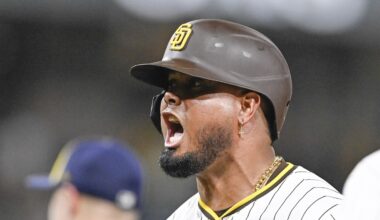 Sep 22, 2025; San Diego, California, USA; San Diego Padres first baseman Luis Arraez (4) celebrates after hitting an RBI single during the seventh inning against the Milwaukee Brewers at Petco Park. Mandatory Credit: Denis Poroy-Imagn Images