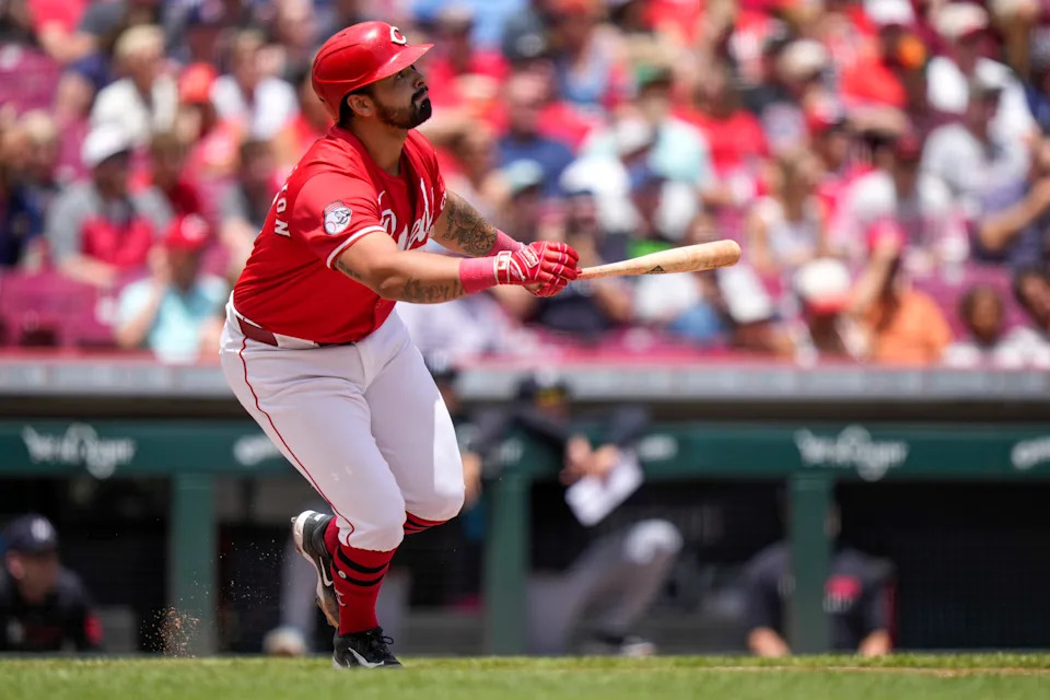 Cincinnati Reds first base Christian Encarnacion-Strand (33) flies out to center field in the fourth inning of the MLB interleague game between the Cincinnati Reds and the Minnesota Twins at Great American Ball Park in downtown Cincinnati on Thursday, June 19, 2025. The Twins led 9-4 after four innings.