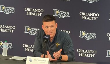 Rays President of Baseball Operations Erik Neander speaks to reporters Tuesday. (Spectrum Sports 360/Katherine Smith)