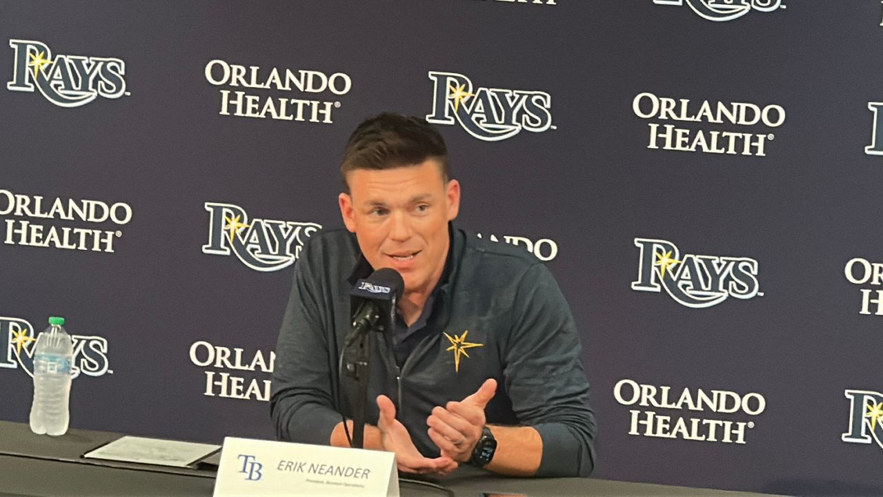 Rays President of Baseball Operations Erik Neander speaks to reporters Tuesday. (Spectrum Sports 360/Katherine Smith)