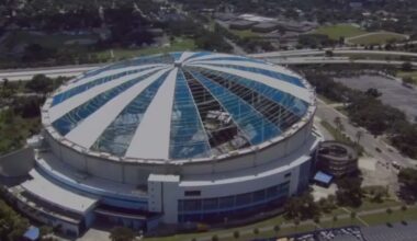 Roof repairs continue at Tropicana Field, with a goal of it being ready for the 2026 regular season. (Sky 9)