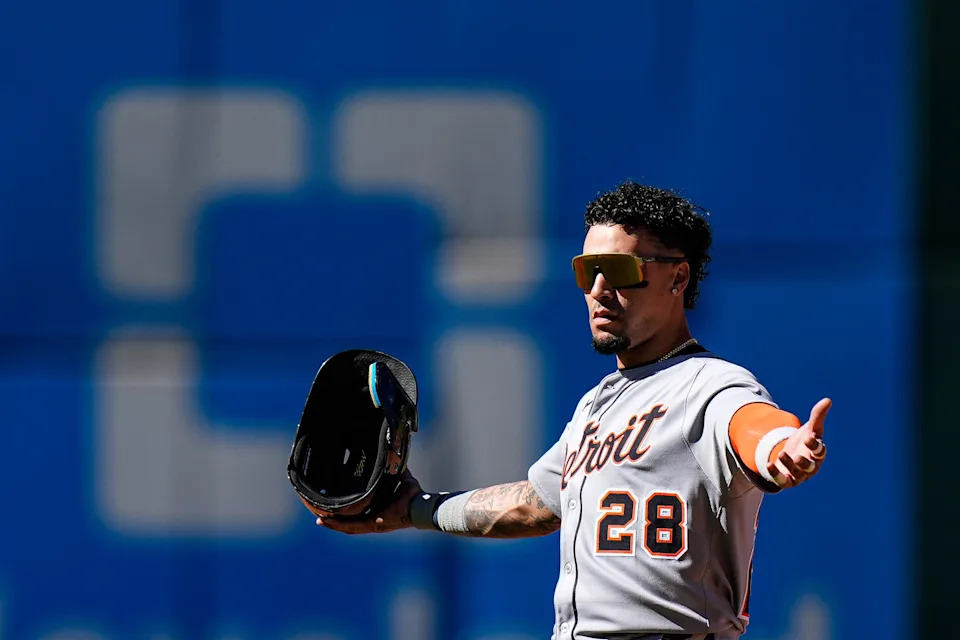 Detroit Tigers shortstop Javier Báez reacts after a call at third base was reversed during the fourth inning of Game 2 of an AL wild-card series against the Cleveland Guardians at Progressive Field in Cleveland, Ohio on Wednesday, Oct. 1, 2025.