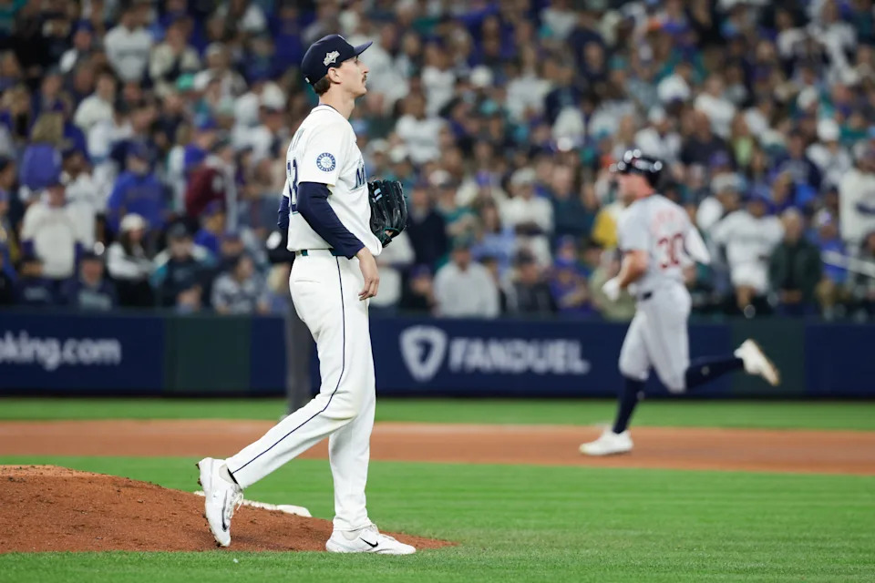Seattle Mariners pitcher George Kirby (68) after Detroit Tigers outfielder Kerry Carpenter (30) hits a two run home run in the fifth inning during Game 1 of the ALDS in the 2025 MLB playoffs at T-Mobile Park in Seattle on Saturday, Oct. 4, 2025.