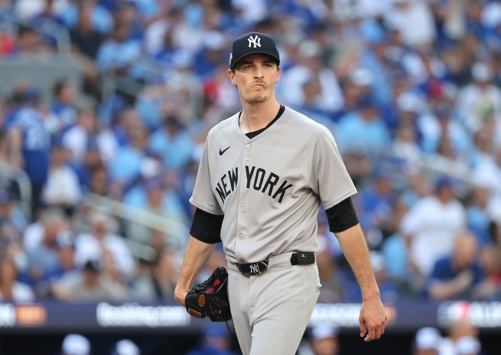 Yankees starter Max Fried reacts after the second inning during Game 2 of the ALDS against the Blue Jays on Oct. 5, 2025.