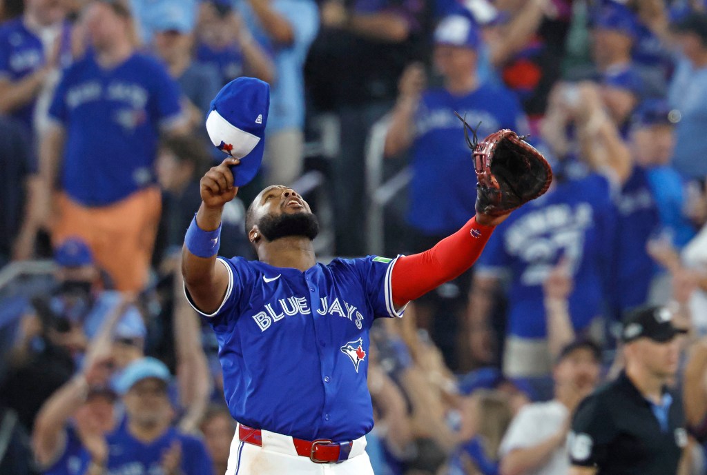 Vladimir Guerrero Jr. of the Toronto Blue Jays reacts after the final out of the 9th inning.