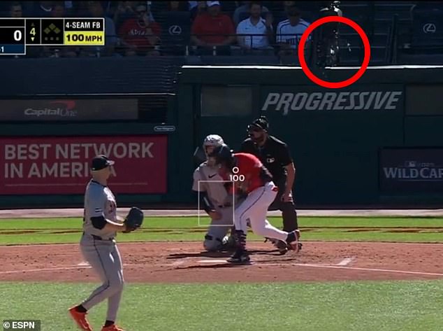 A pitch fouled backwards by a Guardians player shattered the glass on a camera lens Tuesday
