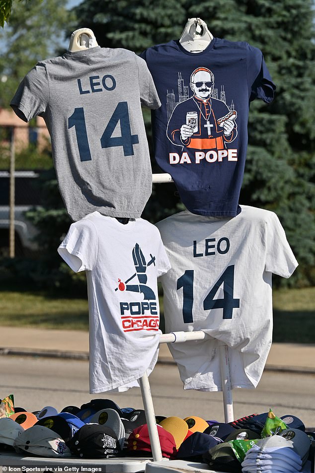 Chicago White Sox and Bears Pope Leo XIV apparel is seen outside the ballpark prior to an MLB game against the Detroit Tigers on August 11