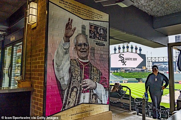 A wall decal of Pope Leo XIV, Robert Francis Prevost, is seen, where he previously attended the 2005 World Series game, prior to a June game between the Tigers and the White Sox
