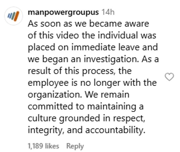 Global workforce solutions company ManPowerGroup claims to have fired the woman