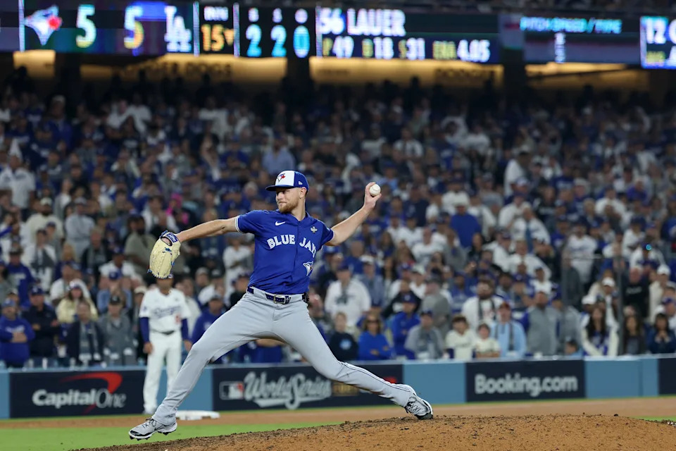 Eric Lauer of the Toronto Blue Jays pitches against the Los Angeles Dodgers during the 15th inning in game three of the 2025 World Series at Dodger Stadium on October 27, 2025 in Los Angeles, California.