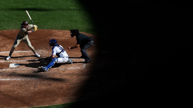 Ryan O'Hearn #32 of the San Diego Padres bats during the second inning against the Chicago Cubs during game one of the NL Wild Card Series at Wrigley Field on Tuesday, Sept. 30, 2025 in Chicago, Illinois. (Meg McLaughlin / The San Diego Union-Tribune)